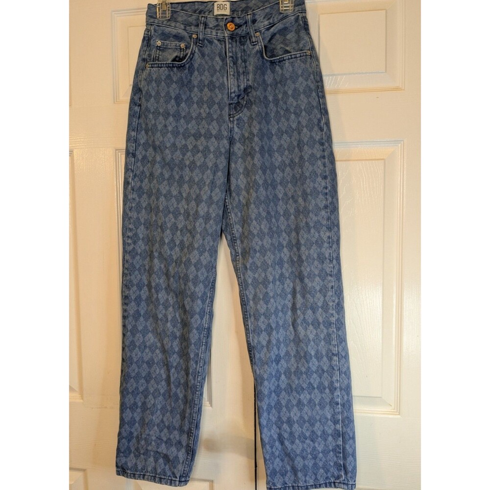 BDG Urban Outfitters Womens 26x32 Argyle Baggy Boyfriend Jeans Blue Y2K RARE